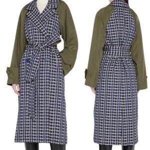 Tanya Taylor Olive and Navy Check Trench Coat